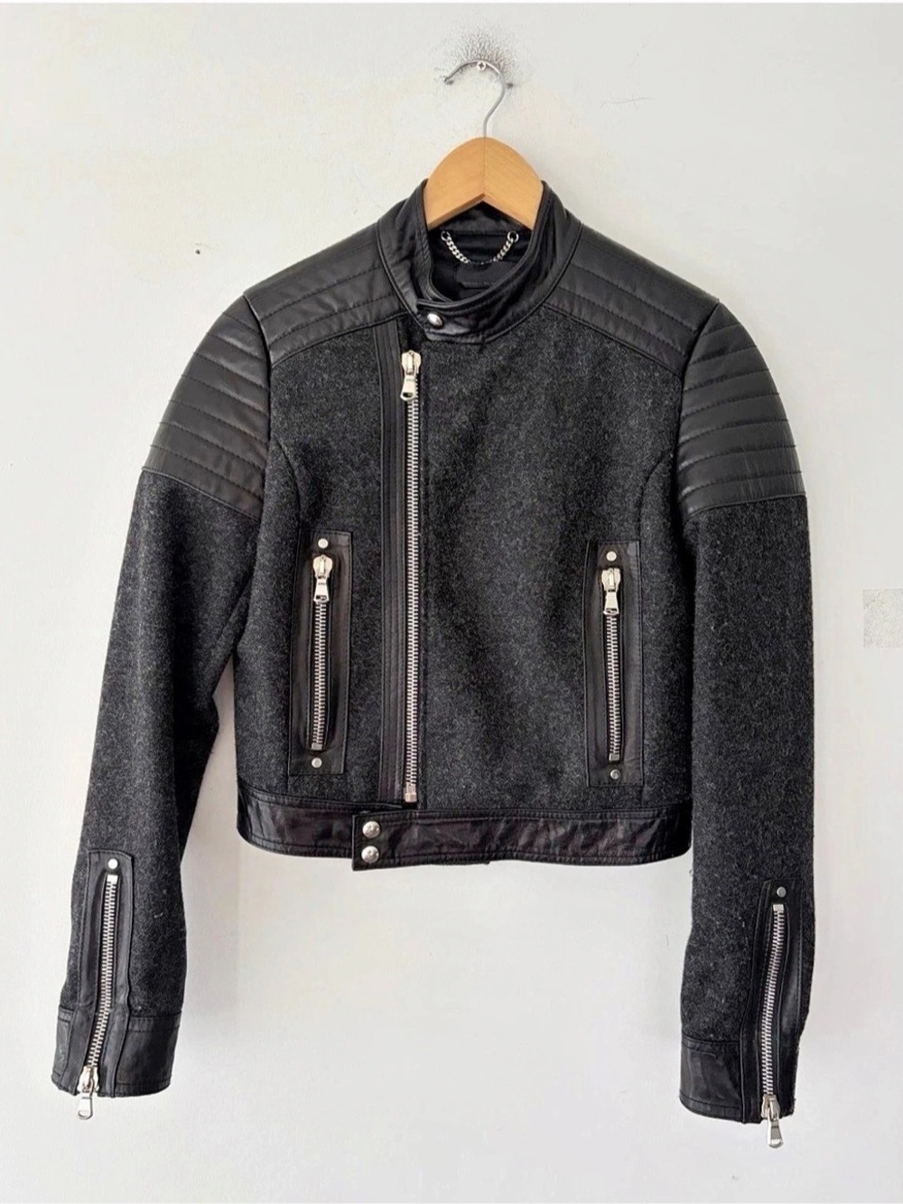 Diesel Black Gold Women's Wool Leather Moto Biker Jacket Size 40